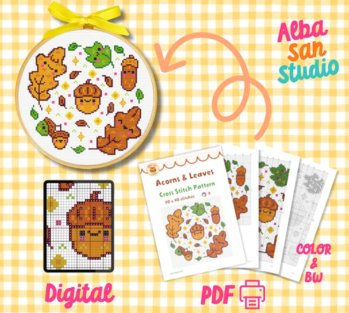 Acorns and Leaves Cross Stitch Digital Pattern