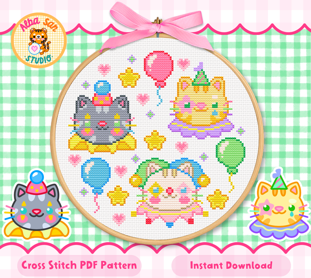 Clown Cats Cross Stitch Digital Pattern