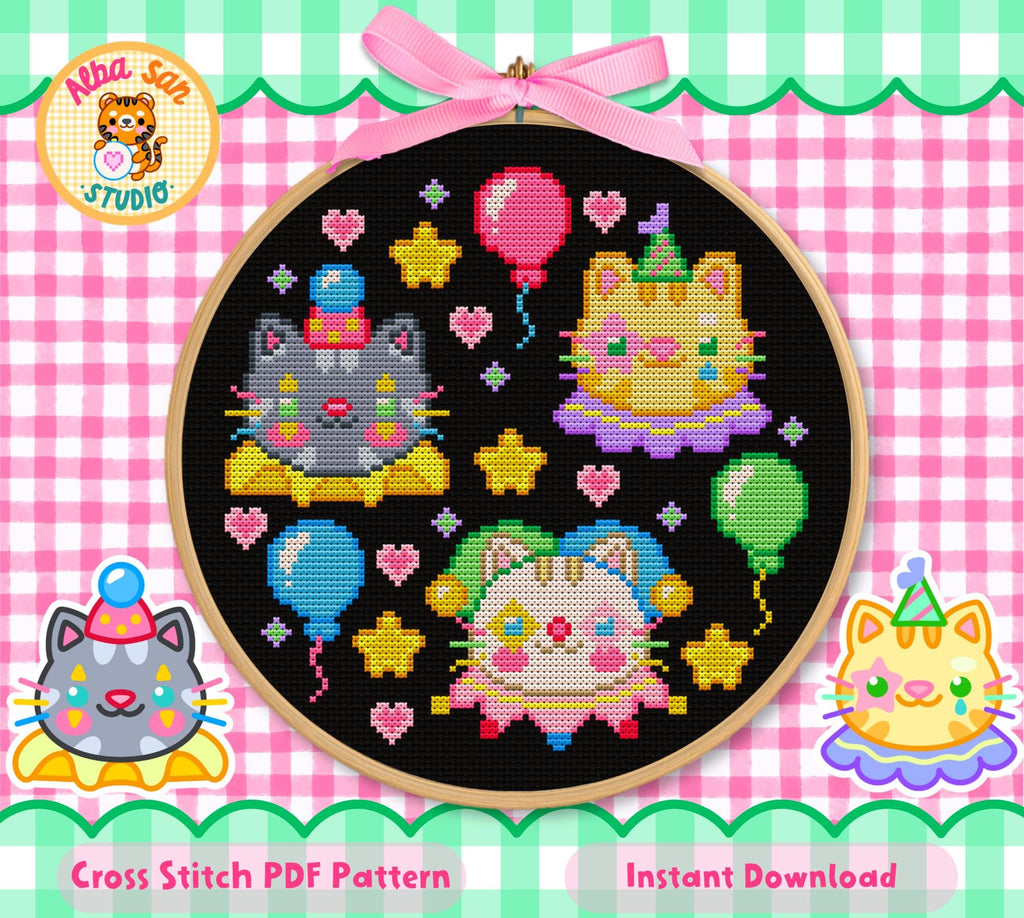 Clown Cats Cross Stitch Digital Pattern
