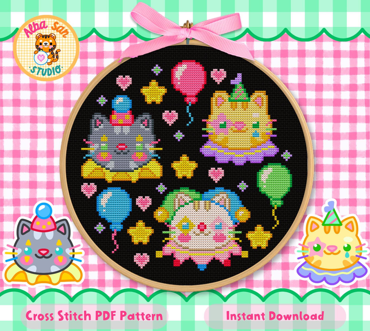 Clown Cats Cross Stitch Digital Pattern