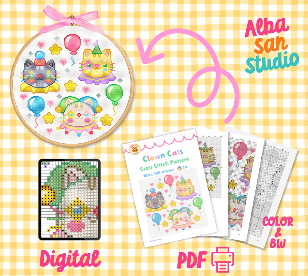 Clown Cats Cross Stitch Digital Pattern