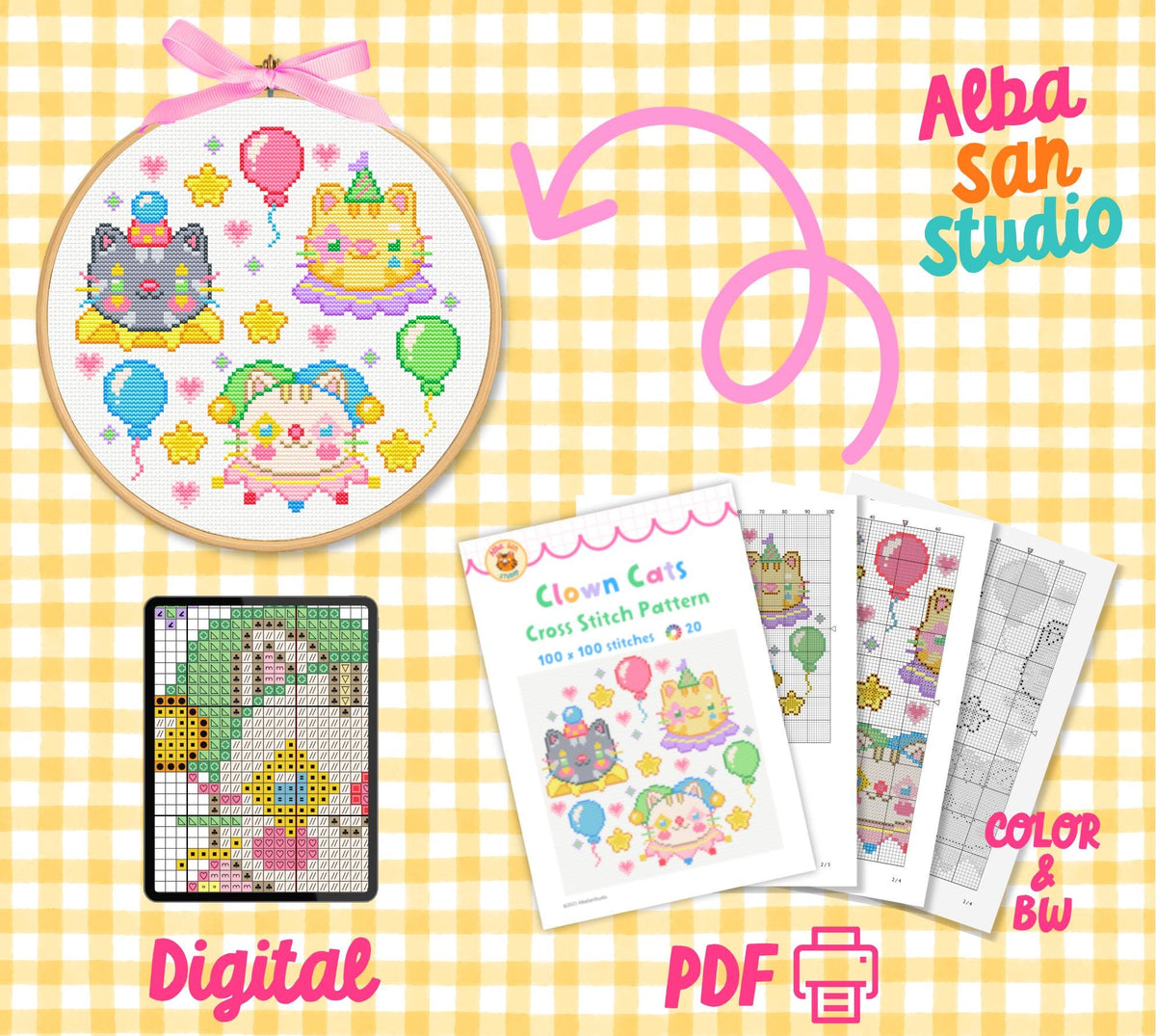 Clown Cats Cross Stitch Digital Pattern