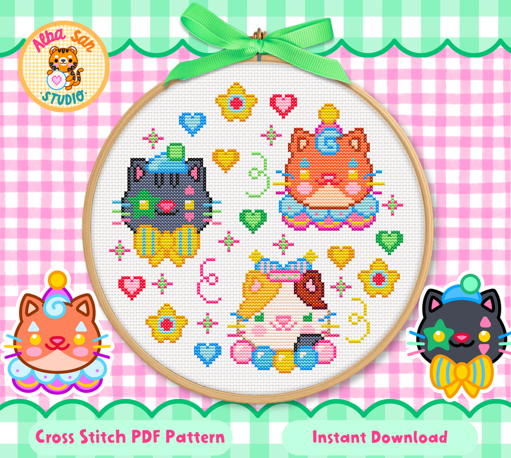 Clown Cats 2 Cross Stitch Digital Pattern