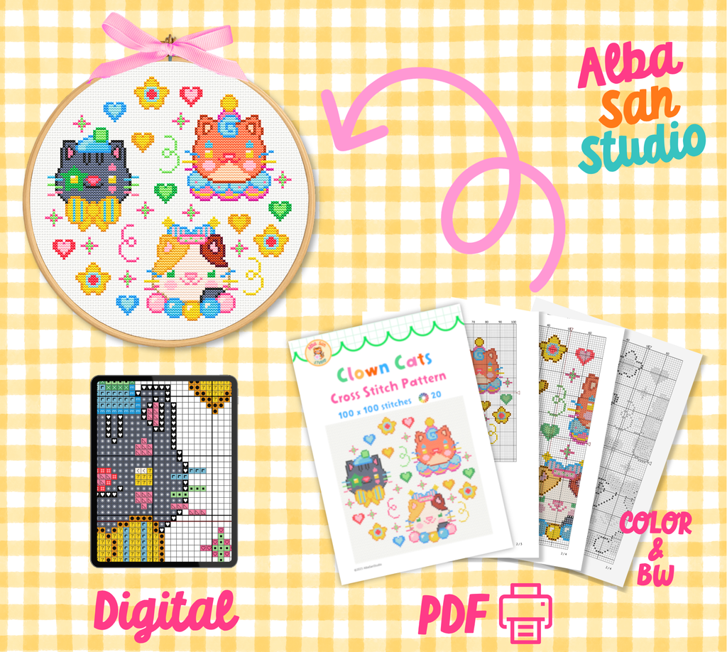 Clown Cats 2 Cross Stitch Digital Pattern