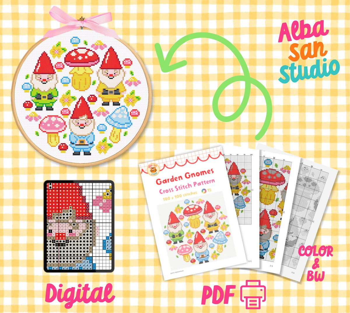 Garden Gnomes Cross Stitch Digital Pattern