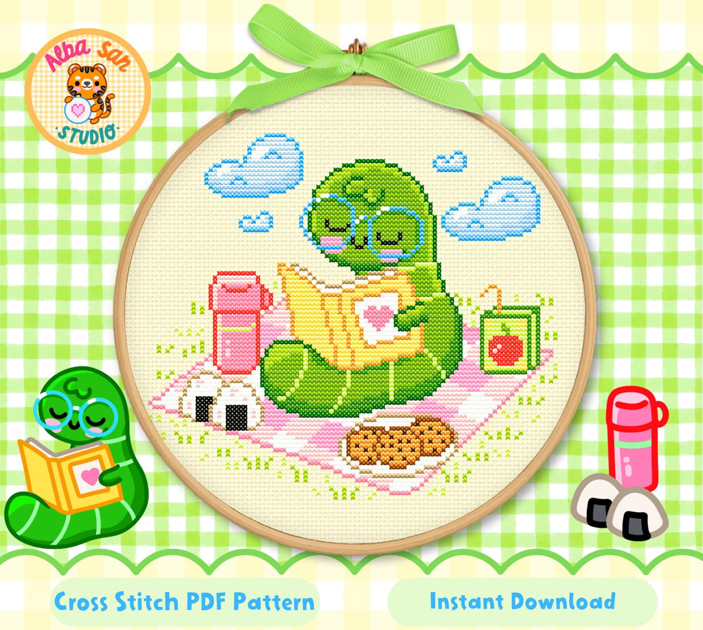 Gus the Bookworm Picnic Cross Stitch Digital Pattern