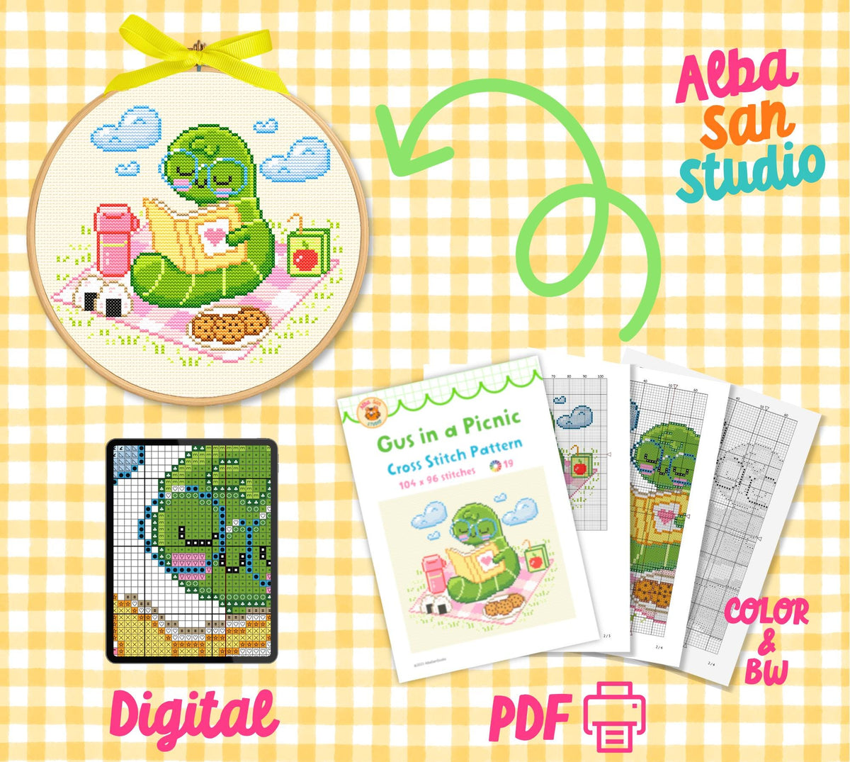 Gus the Bookworm Picnic Cross Stitch Digital Pattern