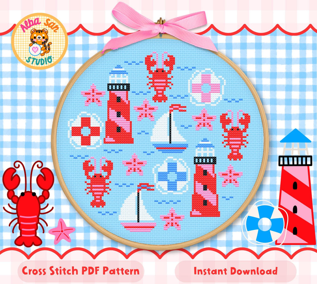 Lobster & Lighthouse Cross Stitch Digital Pattern