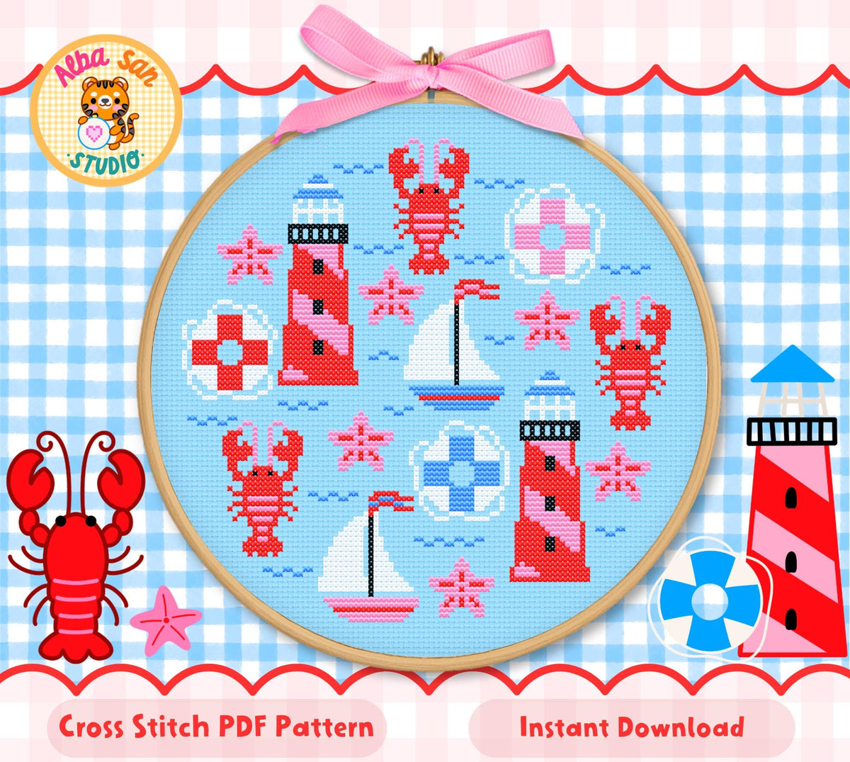 Lobster & Lighthouse Cross Stitch Digital Pattern
