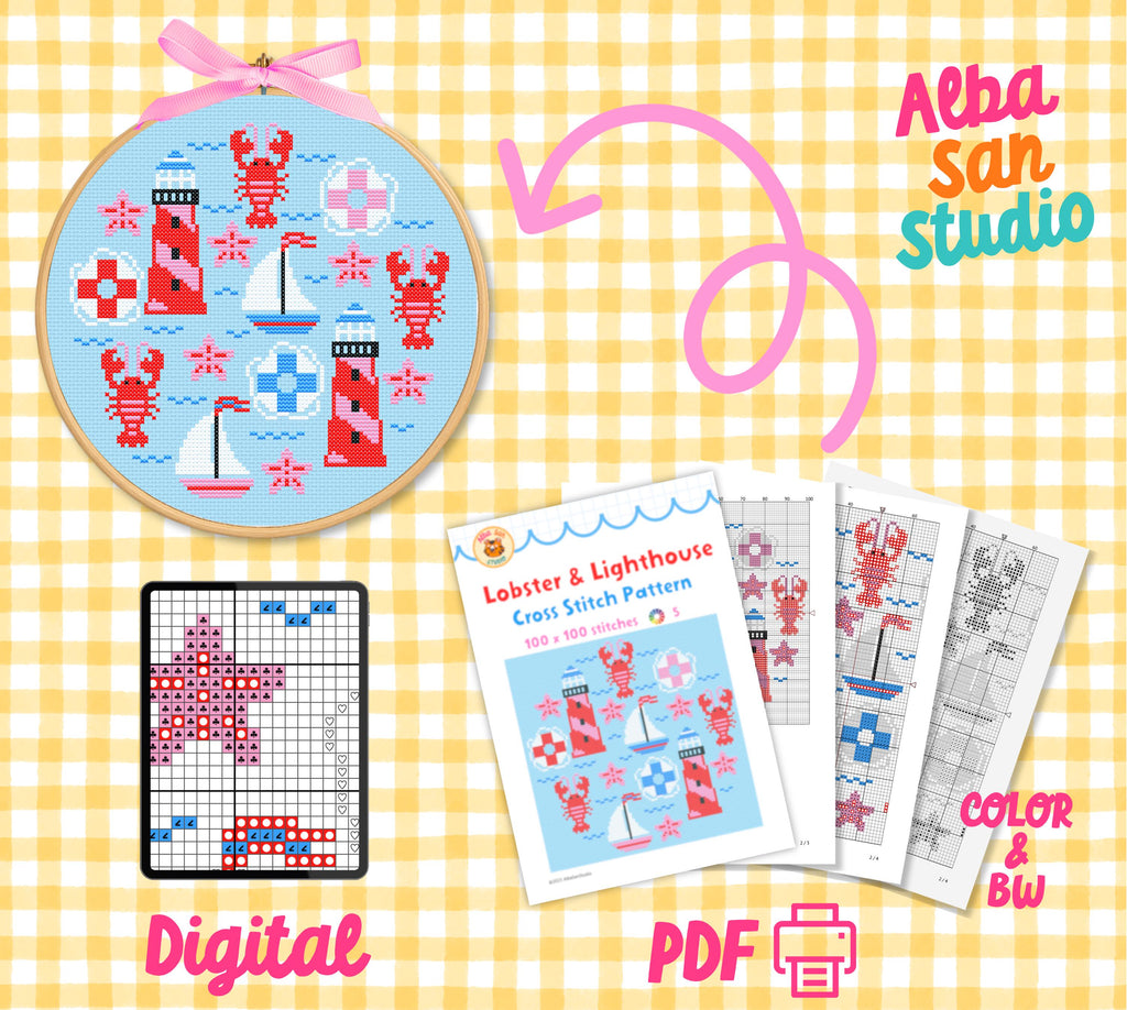 Lobster & Lighthouse Cross Stitch Digital Pattern
