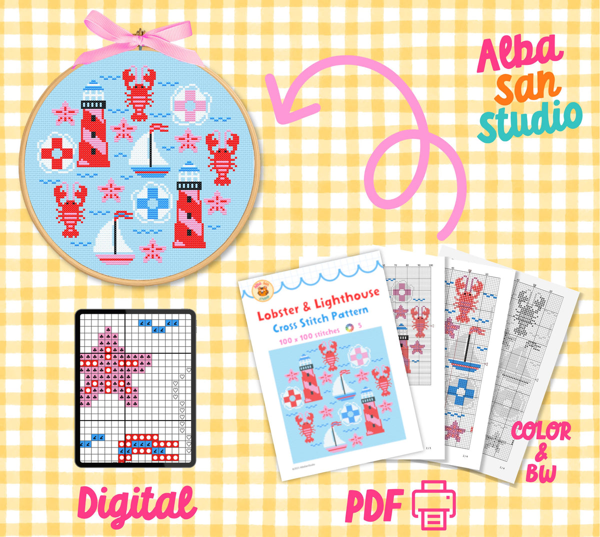 Lobster & Lighthouse Cross Stitch Digital Pattern