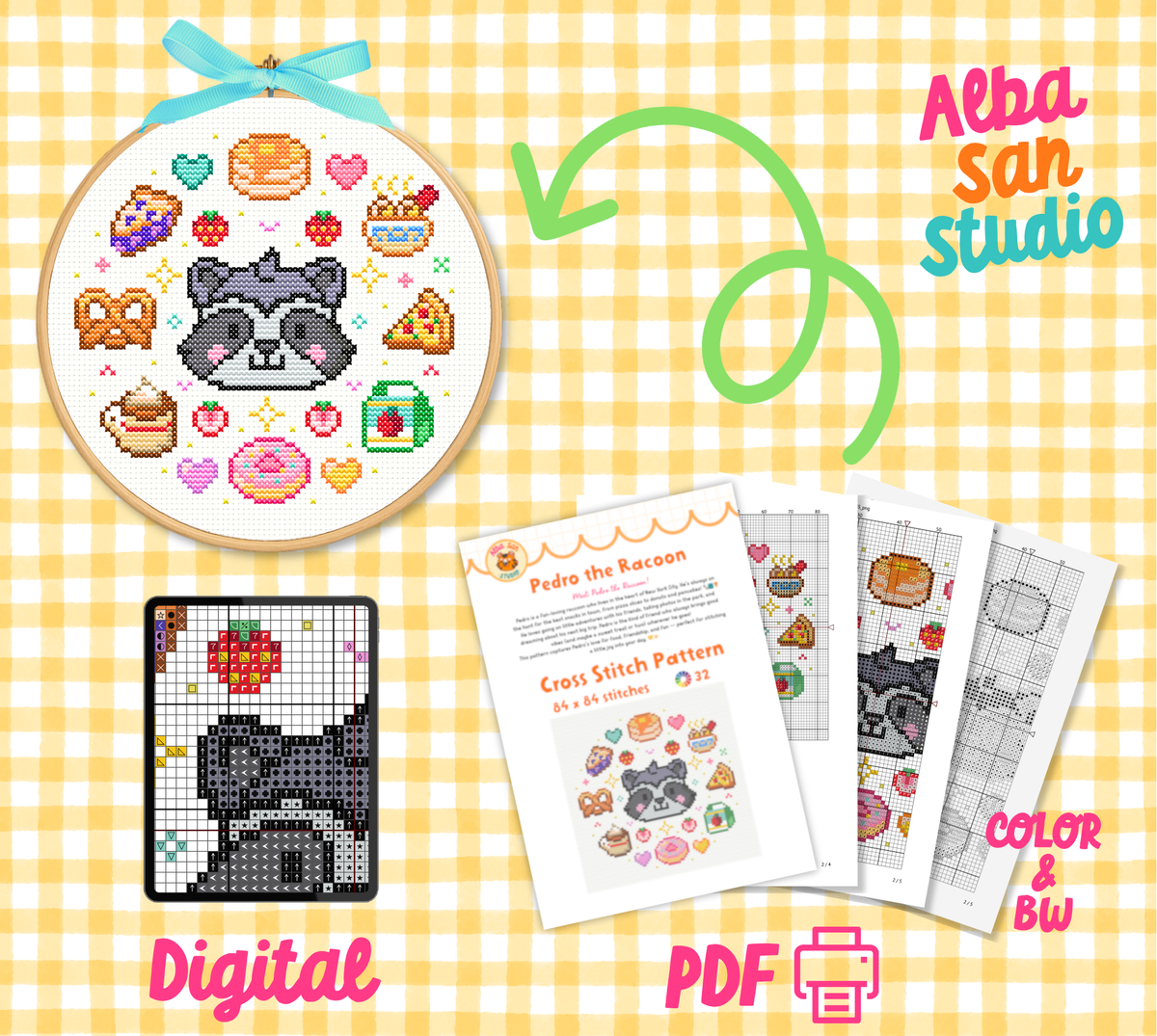 Pedro the Raccoon Cross Stitch Digital Pattern