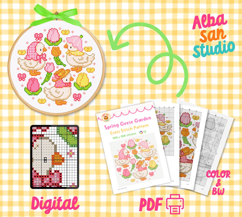 Spring Geese Garden Cross Stitch Pattern