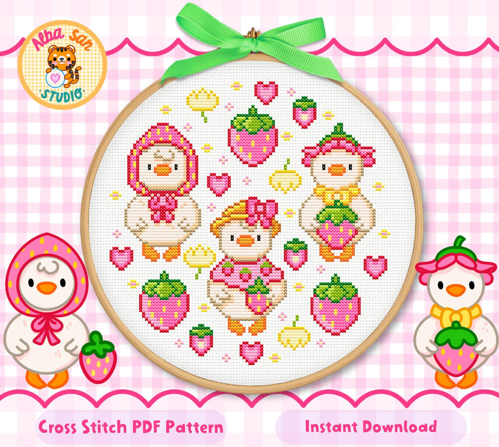 Strawberry Geese Cross Stitch Digital Pattern
