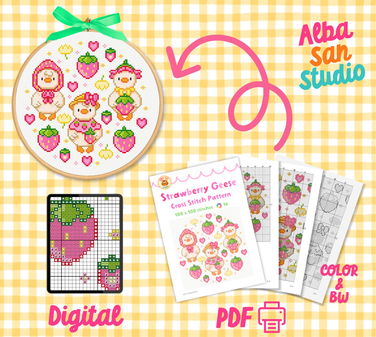 Strawberry Geese Cross Stitch Digital Pattern