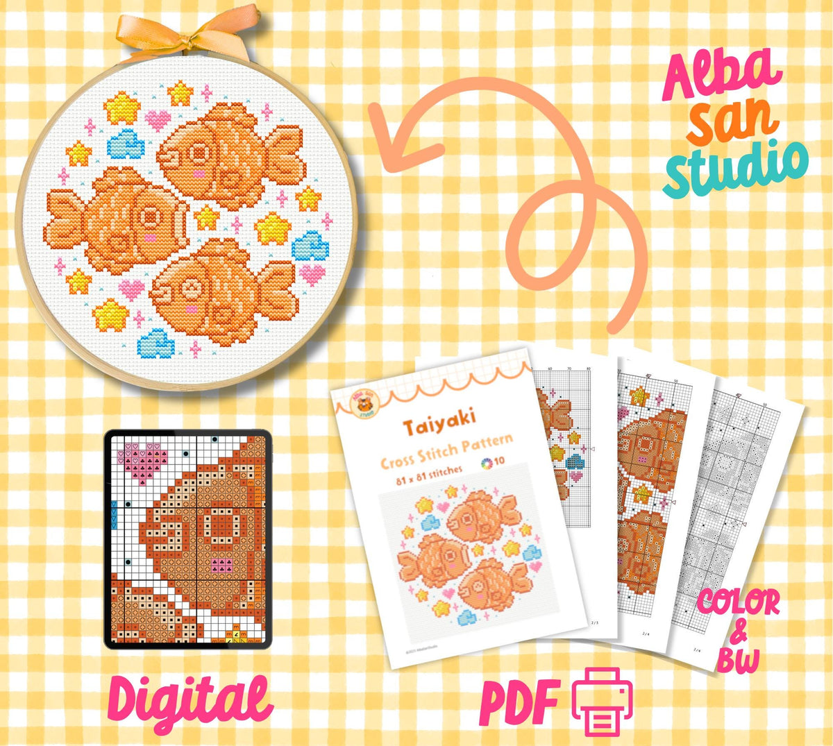 Taiyaki Fish Cross Stitch Digital Pattern