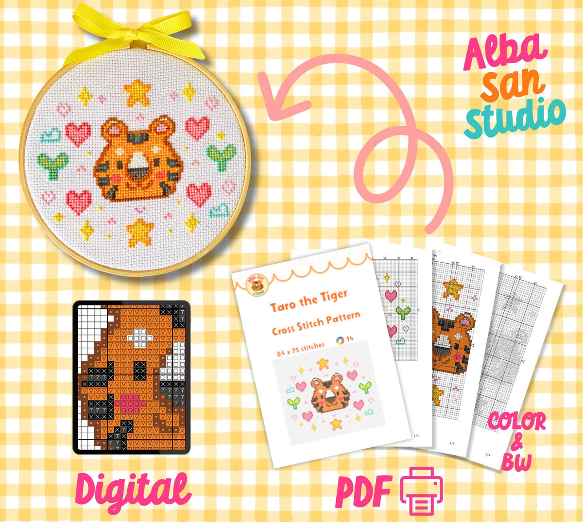 Taro the Tiger Cross Stitch Digital Pattern