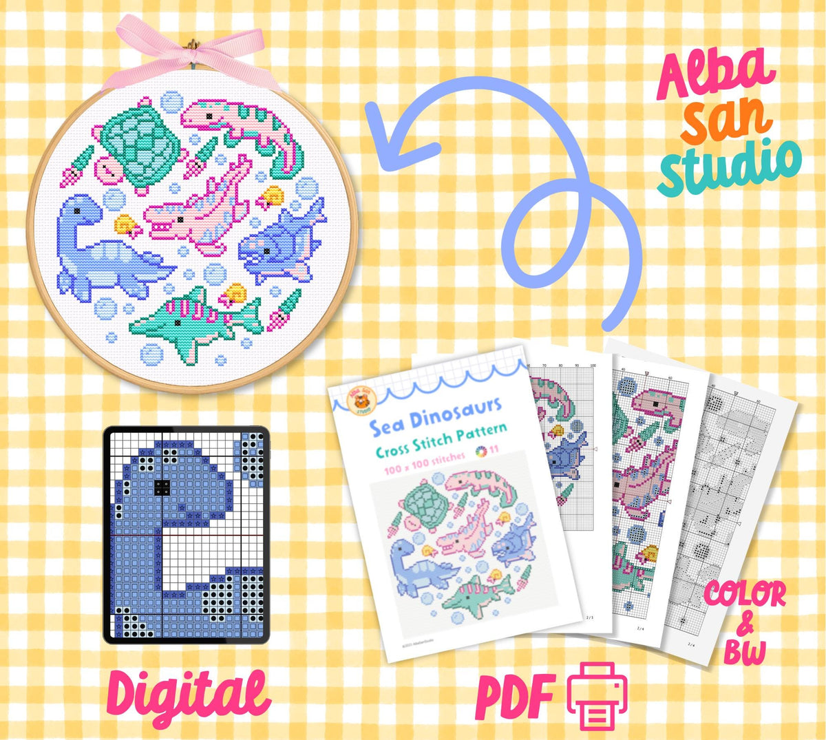 Sea Dinosaurs Cross Stitch Digital Pattern