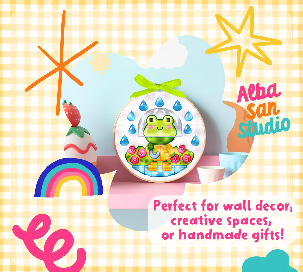 Rainy Day Frog Cross Stitch Digital Pattern