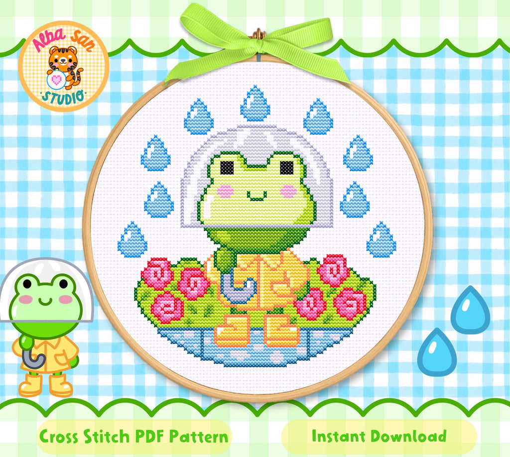 Rainy Day Frog Cross Stitch Digital Pattern